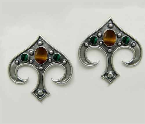 Sterling Silver Gothic Inspired Drop Dangle Earrings With Tiger Eye And Malachite